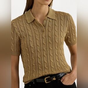 Lauren Ralph Lauren Natrissa Metallic Gold Cable-Knit Polo Sweater Women’s XL